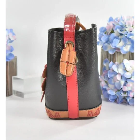 MCM Red Black Goatskin Mini Upcycling Project Flower Milano Drawstring Bag NWT